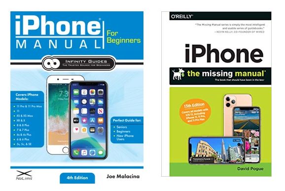 Book covers of the iPhone Manual for Beginners by Joe Malacina and iPhone: The Missing Manual by David Pogue
