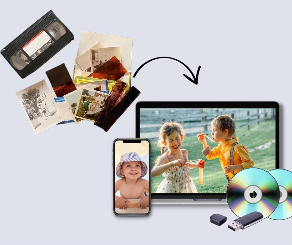 Old VHS tapes and photos converted into digital files shown on a laptop, phone, discs, and a USB drive